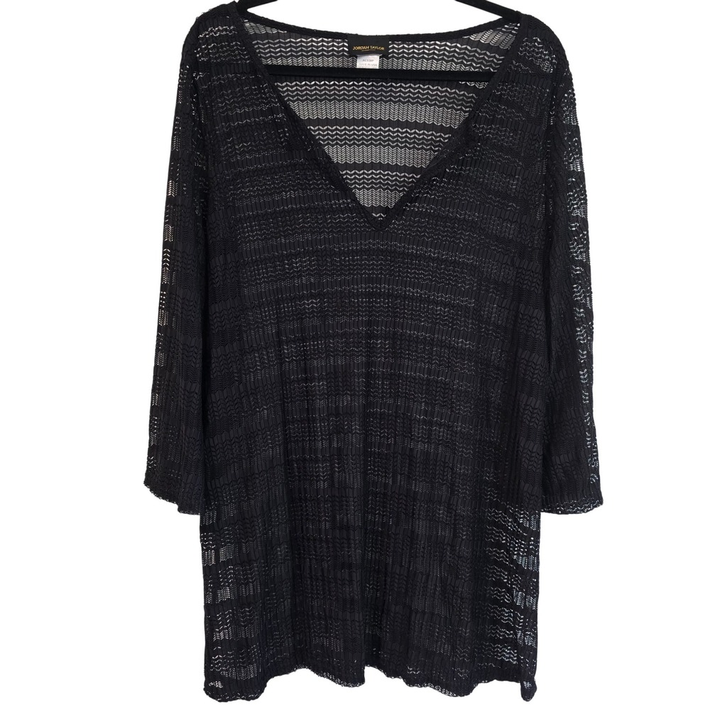 Jordan Taylor Black Chevron Sheer Swim Cover Up V-Neck 3/4 Sleeve Tunic AC538P L